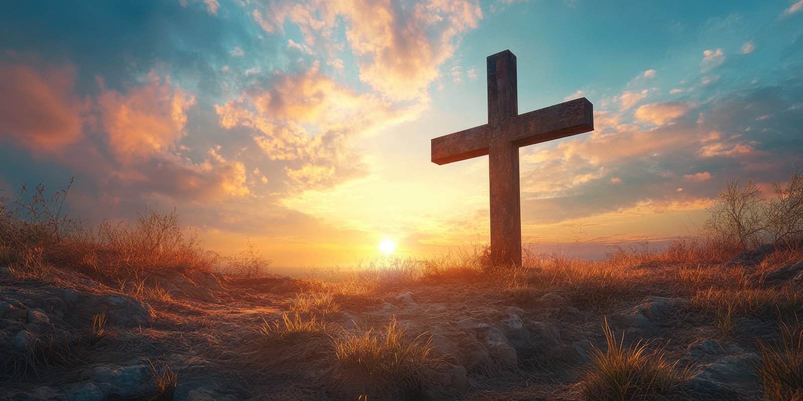 Sunset silhouette of a wooden cross on a hillside with colorful skies in the background